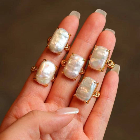 Adjustable Rectangular Freshwater Baroque Pearl Ring in Gold Vermeil - House Of Pearls